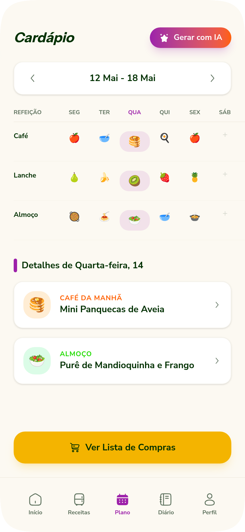 Tela de cardápio semanal gerado por IA