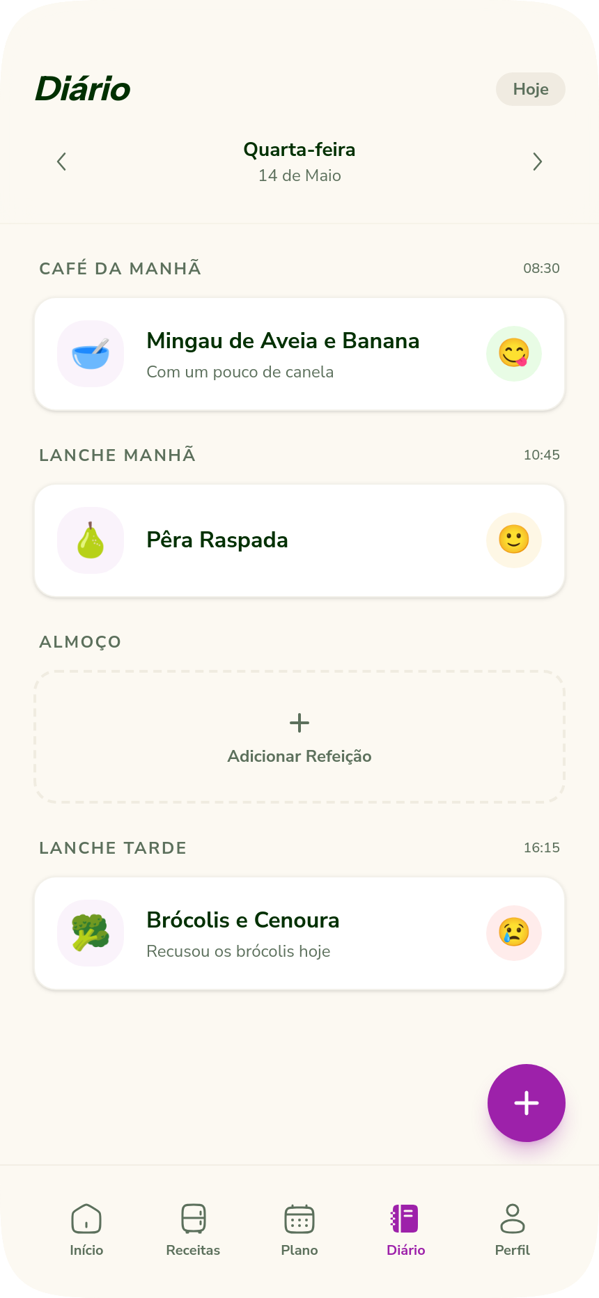 Tela de diário alimentar com registro de refeições