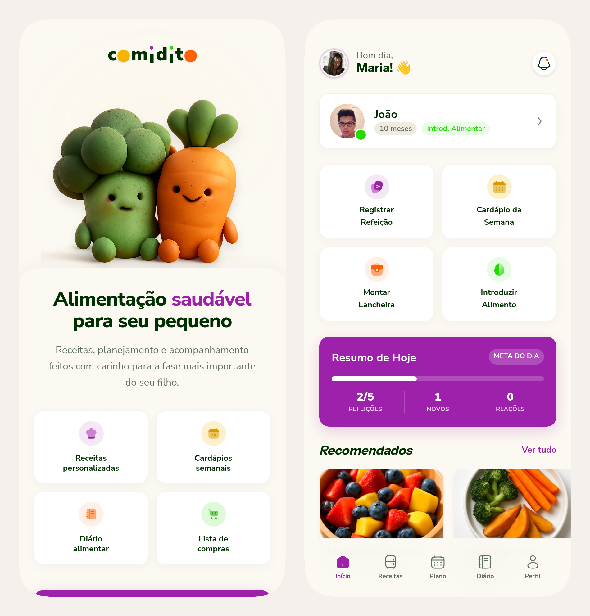 Telas do Comidito mostrando a home e boas-vindas do aplicativo