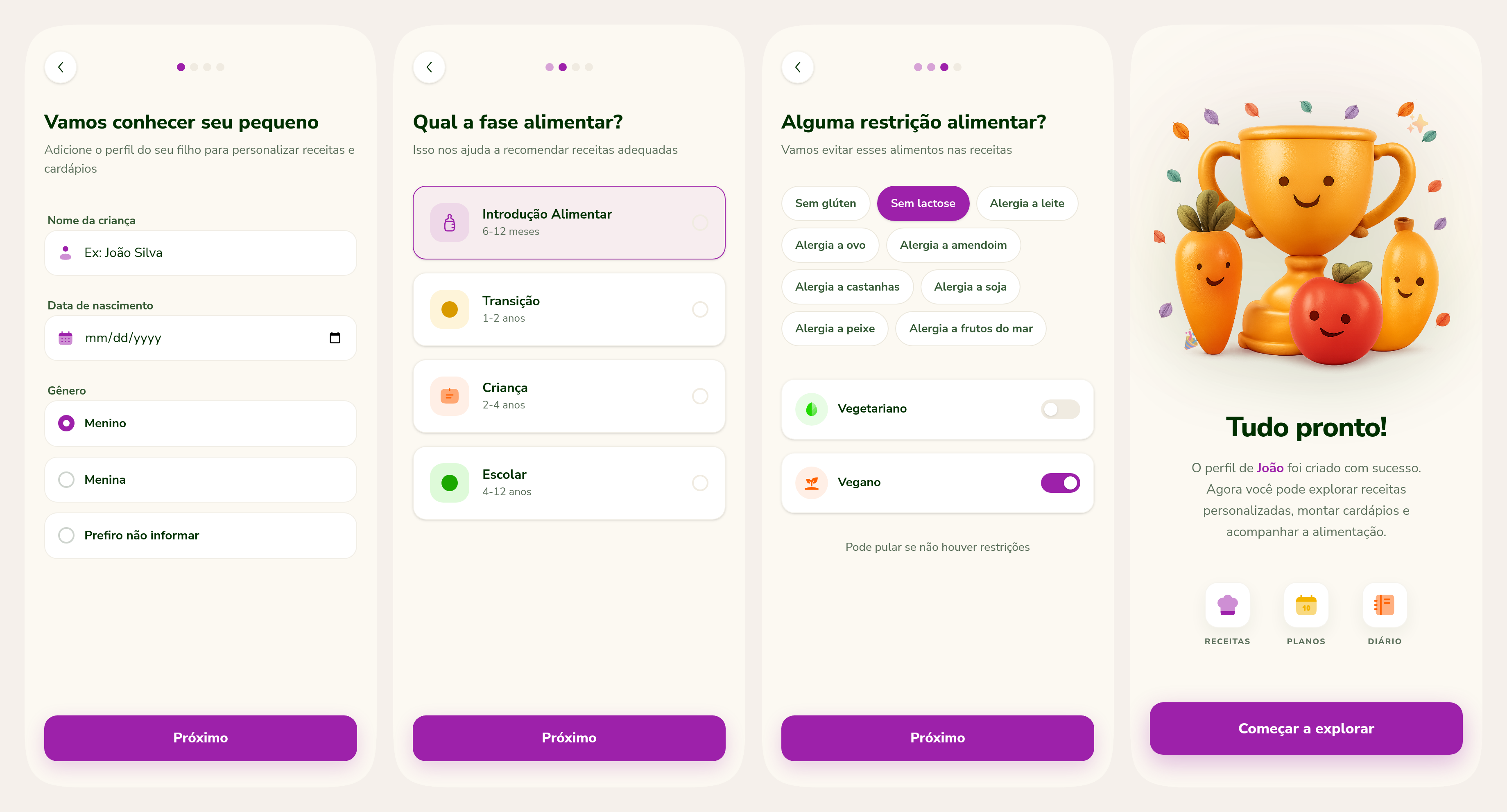 Fluxo de onboarding do Comidito em 4 telas