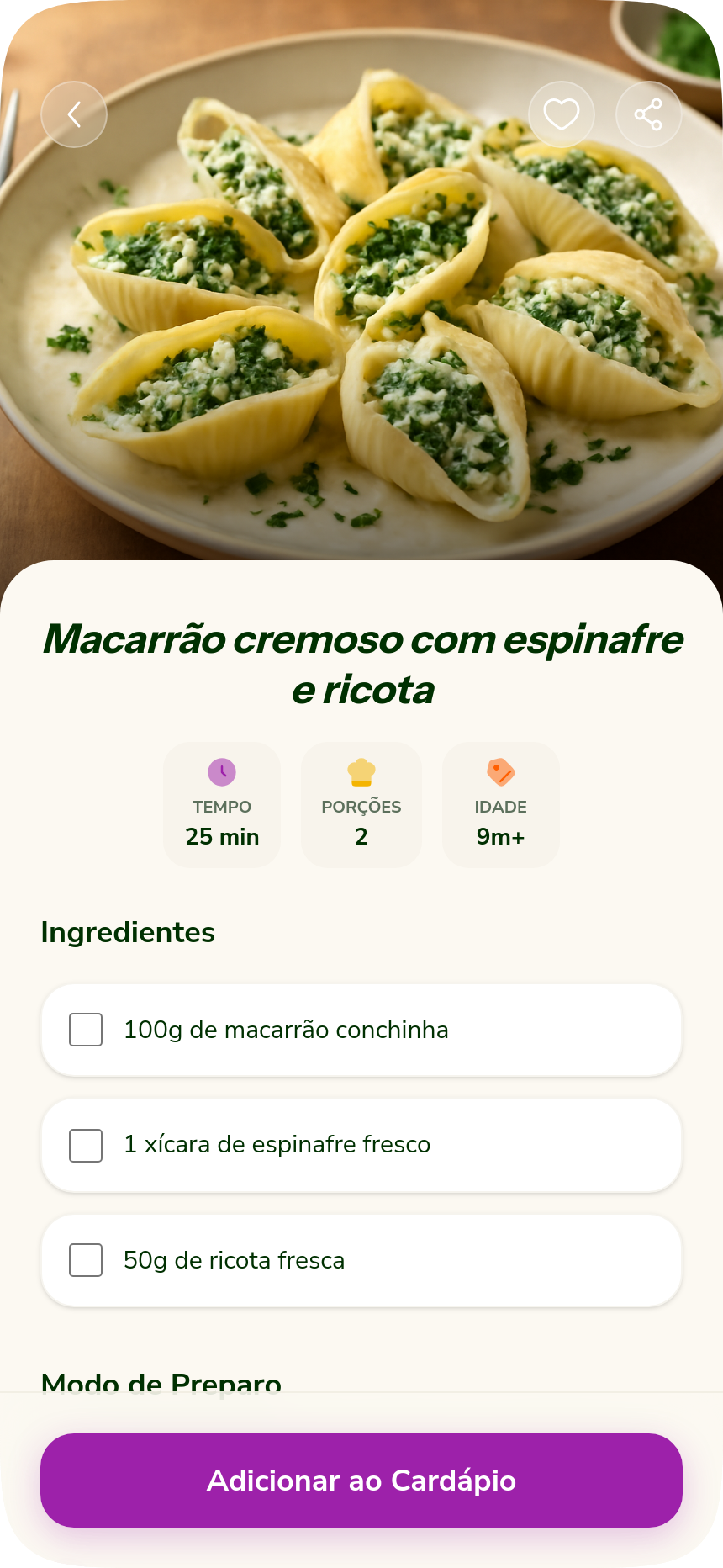 Tela de detalhe de receita com ingredientes e modo de preparo