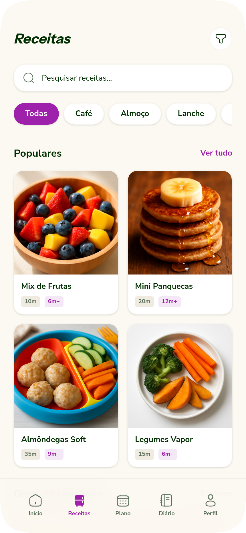 Tela de receitas do Comidito com filtros por categoria